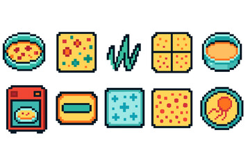 Food, cooking pixel icon set. Culinary, kitchen icons in 8-bit pixel art style