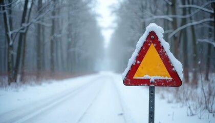 Fototapeta premium Snow covered warning sign stands beside icy forest road. Trees line snowy path with blurred background. Winter conditions create dangerous travel environment.