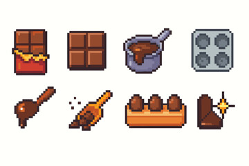 Chocolate, confectionery pixel icon set. Sweet treats and candy pixel art collection.