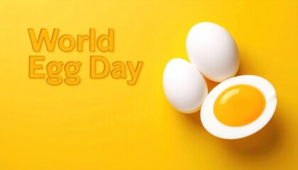 World Egg Day with whole and halved boiled eggs on a vibrant yellow background and text
