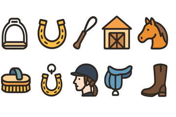 Equestrian, horse riding flat icon set. Saddle, stable, horse gear collection