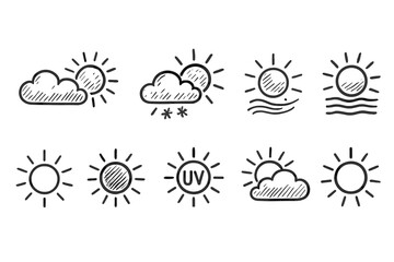 Weather outline icon set. Sun, cloud, rain, snow, uv weather line icons collection
