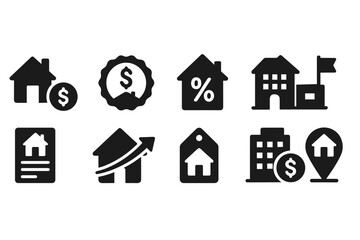 Real estate, property solid icon set. Home, mortgage, investment, finance icons collection