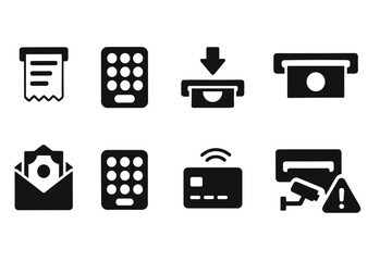 Banking and finance solid icon set. Account, payment, atm, credit card icons collection