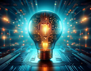 futuristic light bulb symbolizing ai technology on circuit board representing innovation