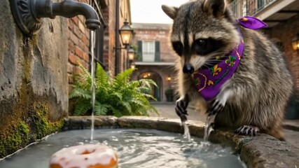 Playful raccoon wearing a Mardi Gras bandana washing a donut in a charming New Orleans street fountain for fun travel concept and quirky animal antics