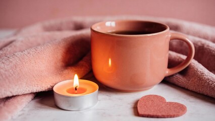 Cozy Valentine’s Day still life, ceramic mug, candle, soft blanket, subtle heart-shaped accent, warm ambient lighting, blush and terracotta tones, calm romantic atmosphere