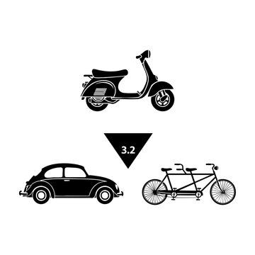 Romantic Vehicles Scooter Beetle Car and Tandem Bike Three Silhouette Set