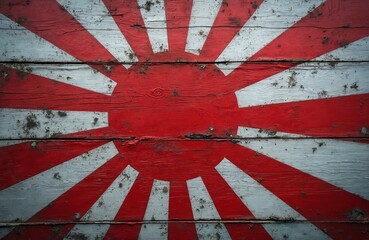 Weathered Japanese Imperial Rising Sun flag painted on wooden planks. This retro design features a textured grunge surface with red sunburst rays, evoking history and national pride.