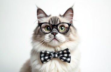 Serious cat wears glasses and bow tie, looking smart. Fluffy pet sits against white backdrop, appears studious and intelligent for educational themes.
