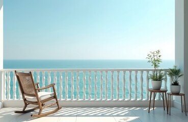 Obraz premium Balcony with rocking chair overlooks calm blue ocean horizon. Potted plants sit on side tables. White railing divides deck from tranquil sea under clear sky.