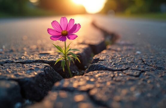 Pink flower grows through crack in asphalt road at sunset. Symbolizes hope, resilience and new beginnings in difficult times. Life finds a way to bloom.