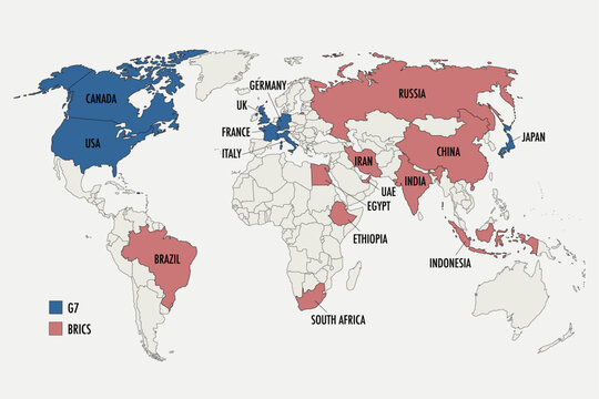 G7 and BRICS Countries World Map Comparison Infographic