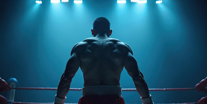 Muscular boxer stands in ring facing bright stadium lights. Athlete waits for fight competition. Powerful man ready for boxing match under blue spotlight.