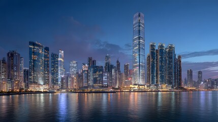 Fototapeta premium A city skyline illuminated at dusk with tall buildings reflecting in the water