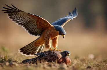 Bird of prey falcon attacks another bird on grassy field. Powerful raptor dominates prey with wings spread wide. Wildlife scene shows fierce predator animal, natural behavior and hunt.