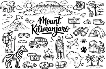 Obraz premium Image Generation. Mount Kilimanjaro hand drawn doodle elements set, center hand-lettered title, black & white vector line art,