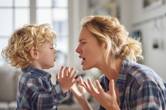A tired mother stands face to face with her little son and swears in frustration. The boy glares at her. There are difficulties in raising teenagers