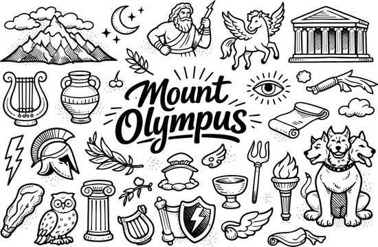 Image Generation. Mount Olympus hand drawn doodle elements set, center hand-lettered title, black & white vector line art, bold