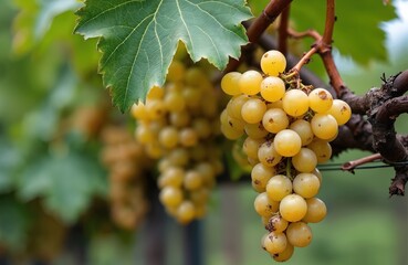 Ripe yellow grapes hang on vine branch in vineyard. Green leaves and weathered wood frame juicy fruit bunch. Selective focus on unripe crop after summer storm.