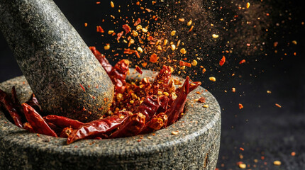 Pestle crushing dried chili peppers with flying spicy flakes