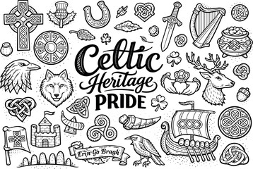 Image Generation. Celtic heritage pride hand drawn doodle elements set, center hand-lettered title, black & white vector line art,