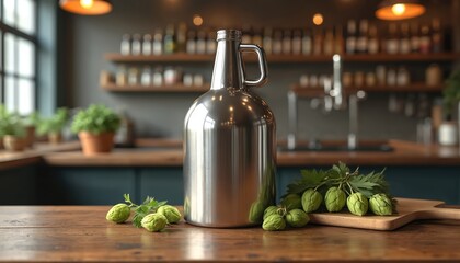 Stainless steel growler sits on wooden table. Hops nearby for beer making. Brewery background with bottles and taps. Perfect for craft beer brand promotion.