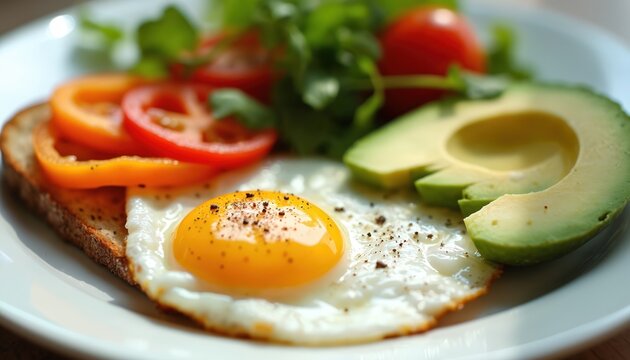 Fried egg on whole grain toast with sliced avocado and cherry tomatoes. Fresh greens add color to this simple, nutritious breakfast plate. Perfect for a healthy start to the day.