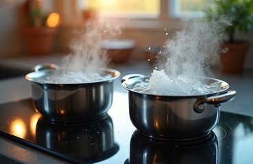 Two stainless steel pots boil on modern induction stove. Steam rises from bubbling water, heat generates cooking vapor. Kitchen preparation scene with shiny cookware on counter.