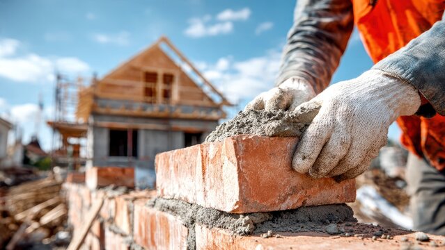 A construction worker expertly laying bricks on a building site, showcasing craftsmanship and teamwork in construction
