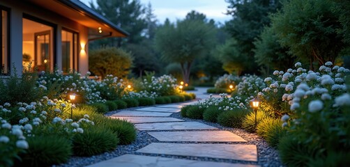 Fototapeta premium Modern stone pathway winds through rich garden beds with white flowers and soft landscape lights. Home exterior features warm interior glow at twilight. Serene backyard oasis.