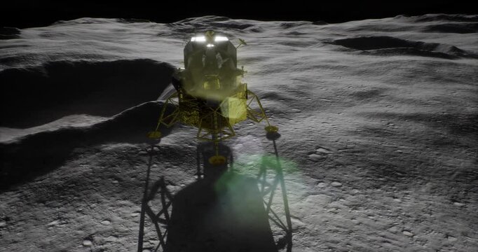 A lunar lander stands on the moons surface, casting a long shadow. In the background, the rugged lunar terrain features large craters, showcasing the desolate beauty of the night sky.