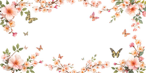 Beautiful flowering branch and butterflies frame flat design illustration isolated on transparent background