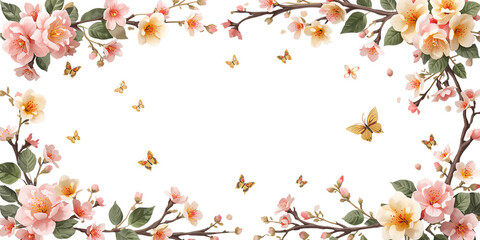 Beautiful flowering branch and butterflies frame flat design illustration isolated on transparent background