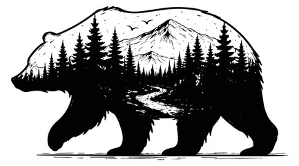 Obraz premium Hand drawn illustration of a bear depicting a forest and mountain landscape for nature and adventure concepts