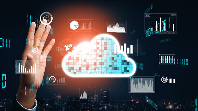 Innovative visualization of cloud computing with data analytics and digital graphs displayed above a hand in a modern city at night, showcasing technology and connectivity. Xenic - Powered by Adobe