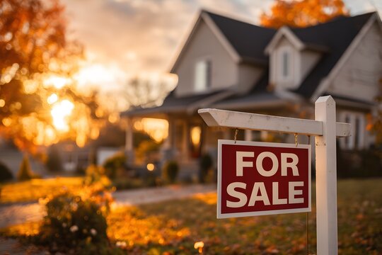 A house with a for sale sign in a colorful autumn setting