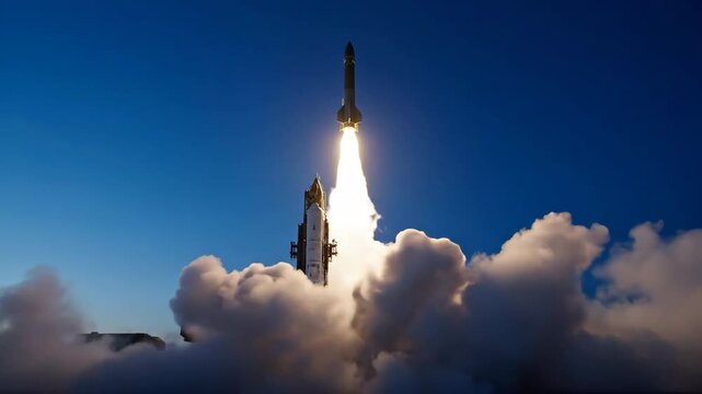 Rocket launch event with bright flames, smoke, and clouds against a deep blue twilight sky.