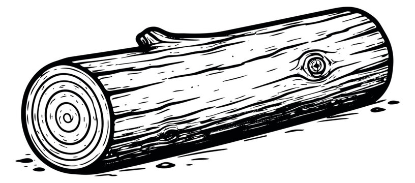 Hand drawn line art illustration of a wood log depicting natural texture and cut rings for rustic and outdoor designs
