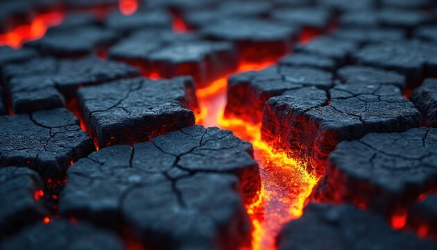 Cracked dark earth surface glows with hot orange lava flowing beneath. Intense heat emanates from volcanic fissures in ground. Molten rock creates abstract textures, suggesting extreme geological - Powered by Adobe