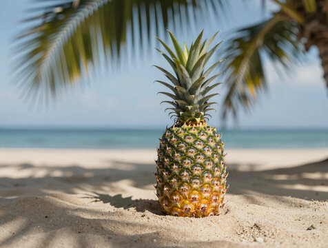 Sunlit pineapple on sandy beach beneath palm fronds with turquoise ocean backdrop