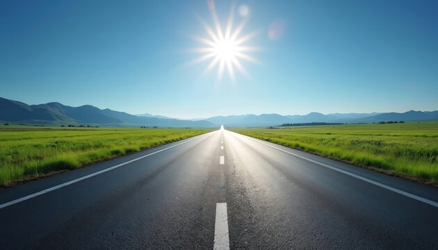 Straight asphalt road stretches towards the horizon under a bright sun and clear blue sky. Green grass fields border the path leading through distant mountains. Journey forward, adventure awaits.