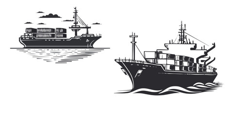 Obraz premium Black and White Ship Illustrations on Water.