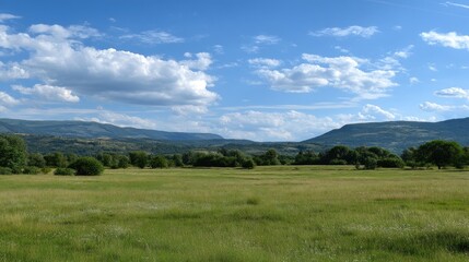 Serene Landscape with Rolling Hills, Lush Green Fields, and Blue Sky with White Clouds Under Bright Sunshine in a Tranquil Nature Scene