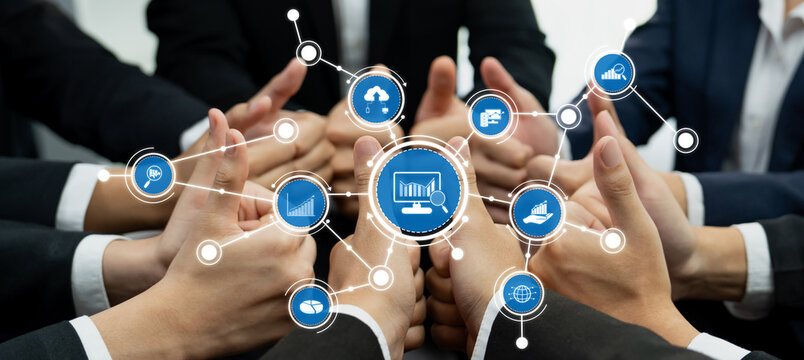 Office worker team stacking hand together symbolize successful group of business partnership and strong collective unity teamwork in community workplace in panoramic banner. Shrewd Amity