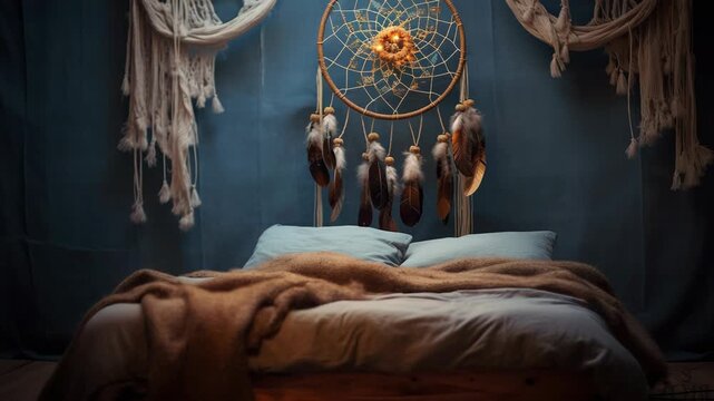 Dreamcatcher with Feathers and Lights Hanging Above a Cozy Bed in a Bohemian Bedroom