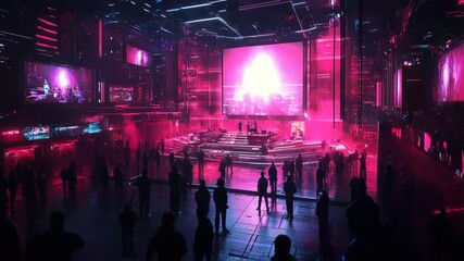 Futuristic Cyberpunk Event in Neon-Lit Venue with Audience and Large Stage Screen