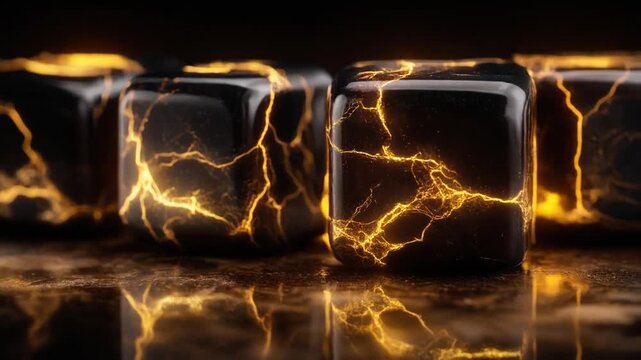 Close-up of black cubes with golden crack patterns, illuminated on a reflective surface, soft focus