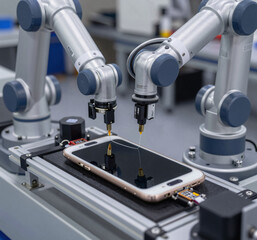 Precision robotic adhesive dispensing at a smartphone assembly station before screen bonding