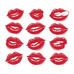 Red Cartoon Lips Set Vector Illustration